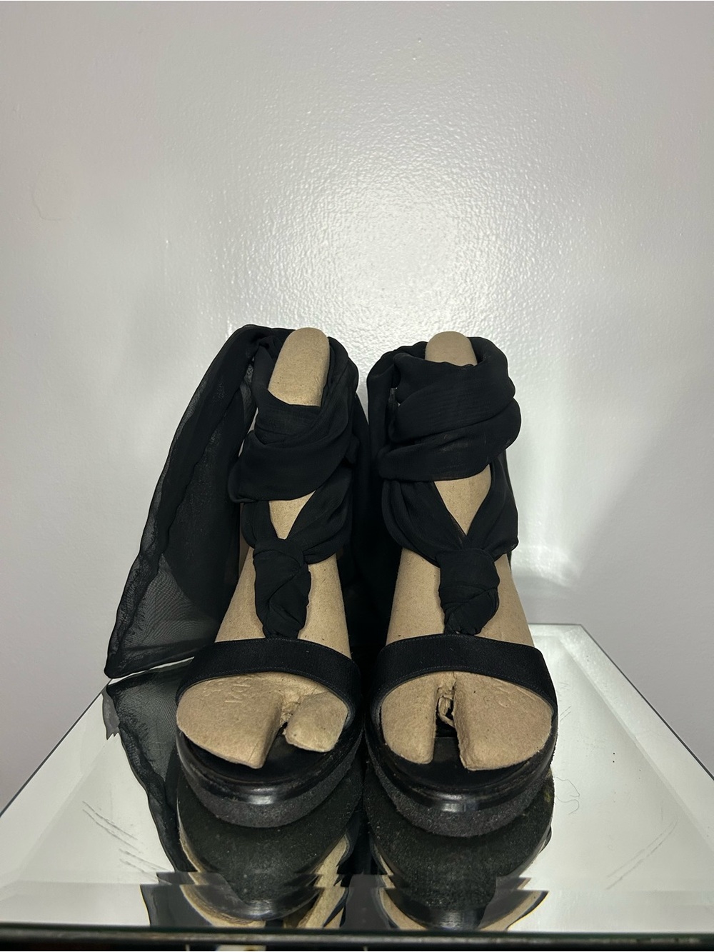 WALTER STEIGER Black Chiffon Wrap Wooden Stiletto Heels